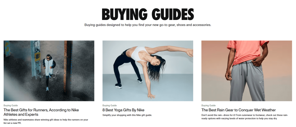 Nike buying guides page showcasing curated product recommendations to help shoppers make informed purchasing decisions.