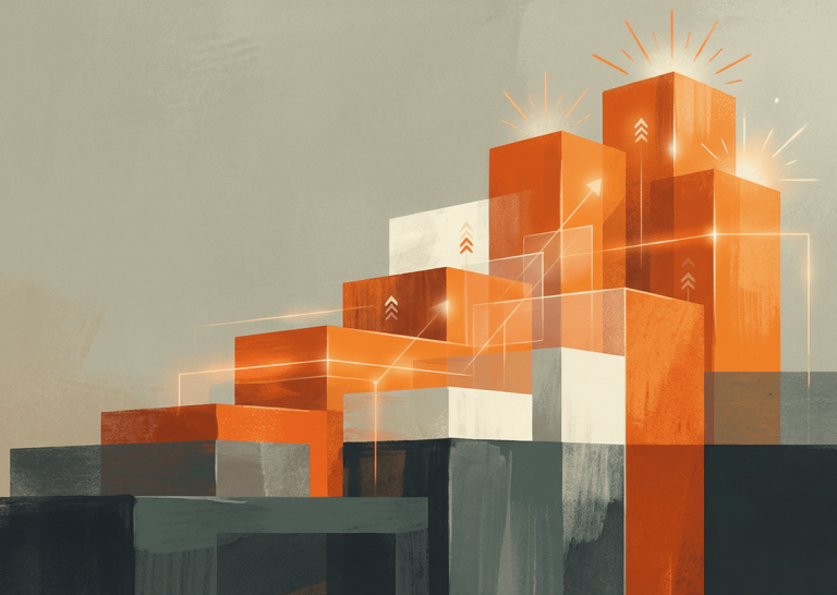 Abstract illustration showing layered blocks rising upward, representing growth, engagement, and SEO performance gains from effective on-site content