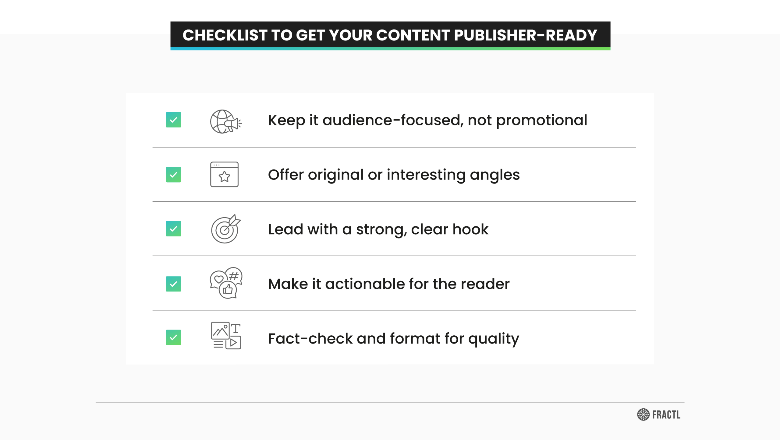 Checklist graphic outlining steps to make content publisher-ready, including audience focus, original angles, a strong hook, actionable takeaways, and fact-checking.