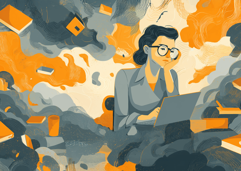 Illustrated woman wearing glasses sits at a laptop, surrounded by swirling abstract shapes and floating objects, conveying mental overload and creative frustration.