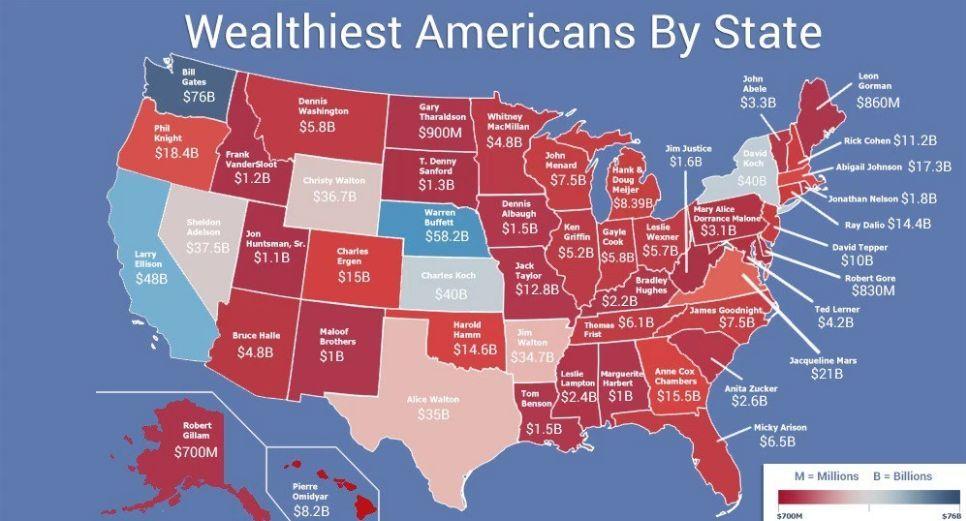 Map showing the wealthiest Americans by state, illustrating a data-driven content marketing campaign used to build brand awareness and earn media coverage.
