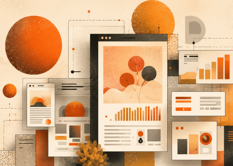Illustration of overlapping browser windows with rising bar charts and analytics graphs, representing measuring and building website authority