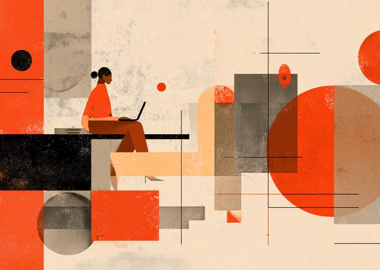 Abstract digital illustration of a person sitting on a black surface, working on a laptop, surrounded by geometric shapes in shades of red, orange, beige, and gray. The background features a textured, artistic blend of rectangles, circles, and lines, creating a modern, stylized workspace scene.