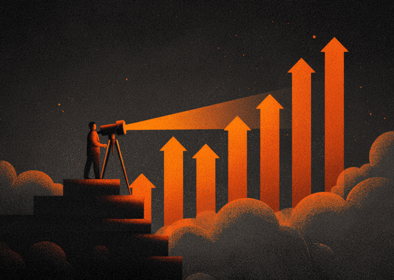 Silhouette of a person standing on steps looks through a telescope projecting an orange beam of light. Tall orange arrows rise upward like a growing bar chart above clouds against a dark, starry background.