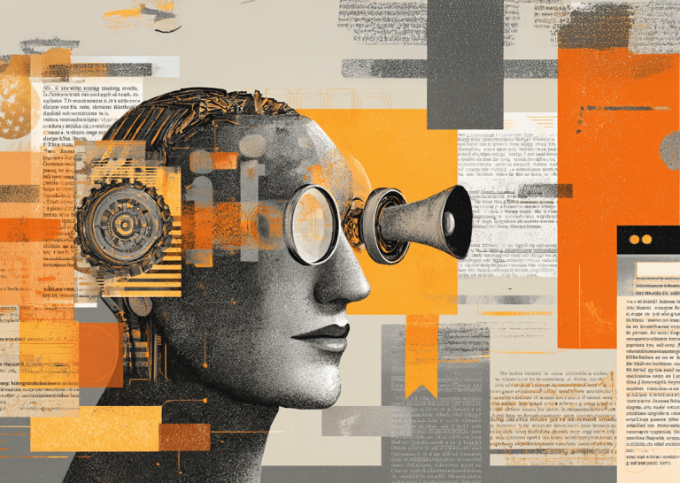 Abstract digital illustration of a human head with mechanical and technological elements, including gears, wires, and a telescope-like device protruding from one eye. The background features layered text, documents, and orange and gray geometric shapes, symbolizing data processing and information overload.