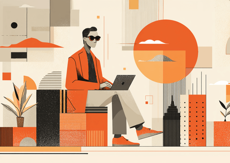 Stylized illustration of a digital marketing professional working on a laptop, representing modern SEO strategy, link building, and data-driven content marketing in a contemporary workspace.