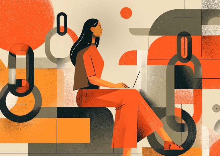 Illustration of a professional working on a laptop surrounded by large chain links, symbolizing link building strategy, backlink acquisition, and search engine optimization for digital marketing growth.