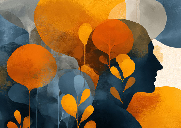 Abstract illustration of a human profile silhouette surrounded by layered organic shapes and foliage, symbolizing brand identity, creative strategy, and digital marketing storytelling.