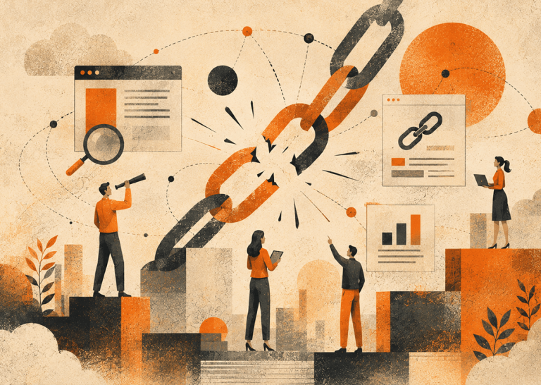 Illustration of a large broken chain link surrounded by marketers inspecting web pages with a magnifying glass, link icons, and charts, representing the process of finding broken links and reclaiming them through broken link building.