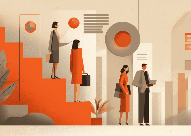 Illustration of professionals analyzing charts, reports, and data dashboards, representing strategic content marketing planning and performance analysis.