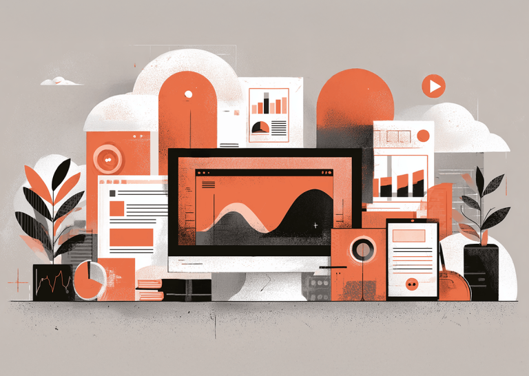 Illustration showing digital PR and SEO analytics dashboards with charts, reports, and data visualizations representing content performance, media coverage, and organic traffic growth.