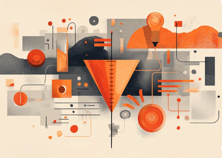 Abstract illustration of a marketing funnel with interconnected shapes, lines, and icons, including a lightbulb and circular data elements, representing idea generation, filtering, and conversion.