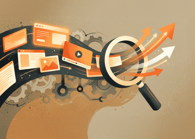 Graphic of web pages going through a magnifying glass