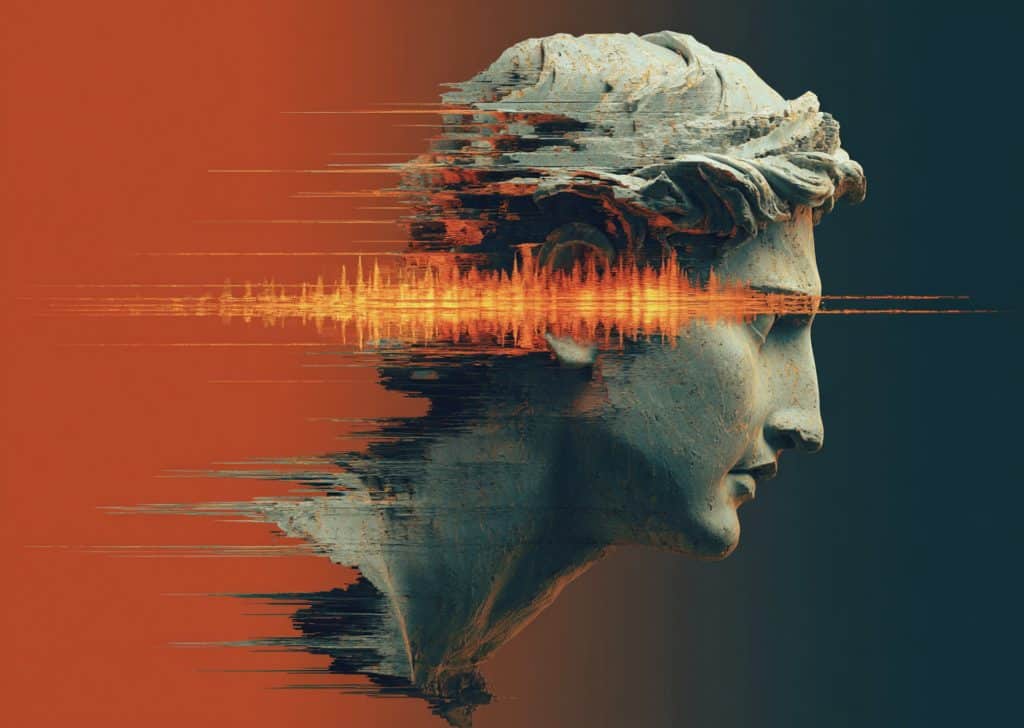 Digital artwork of a classical stone bust with glitch-like distortion and orange soundwave patterns running through its head, symbolizing AI psychosis.
