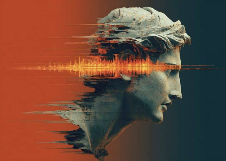 Digital artwork of a classical stone bust with glitch-like distortion and orange soundwave patterns running through its head, symbolizing AI psychosis.