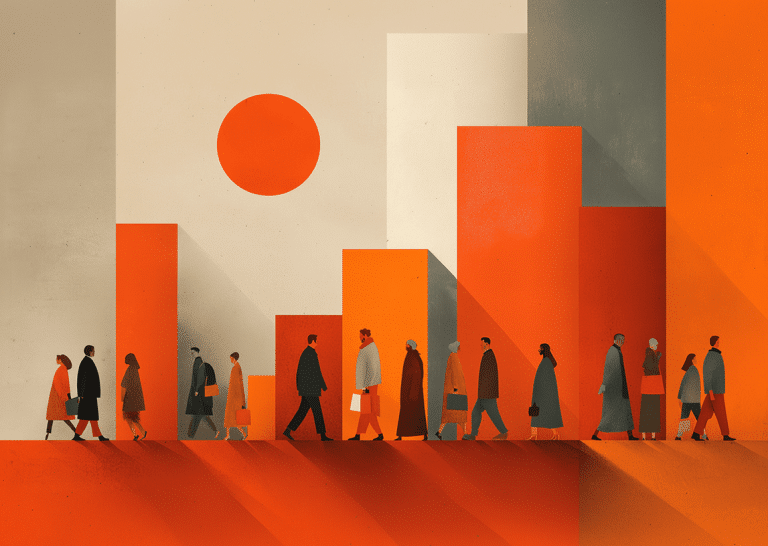 Abstract illustration of professionals walking past rising bars and a sun, representing business growth, digital marketing performance, and SEO investment trends.