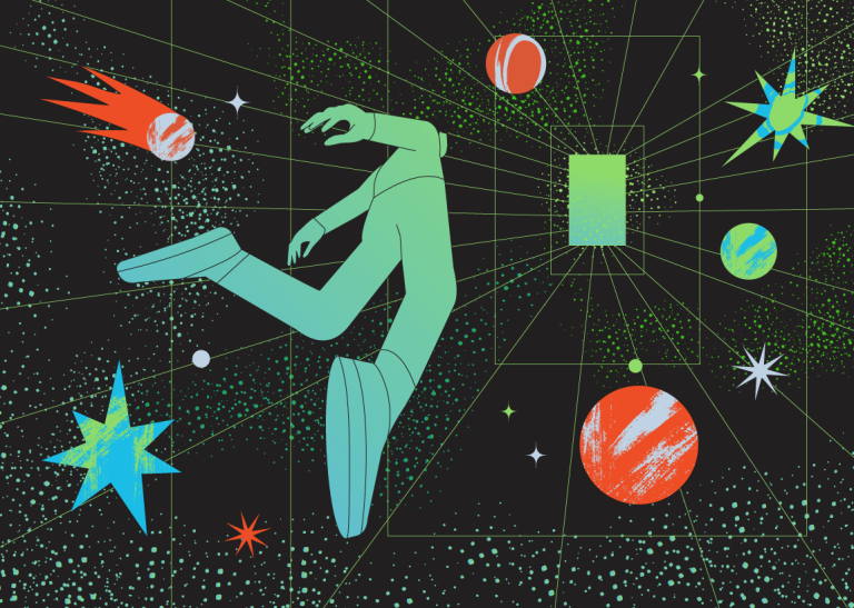 Abstract illustration of a person floating in digital space surrounded by planets and geometric shapes, representing digital marketing strategy and online brand growth.