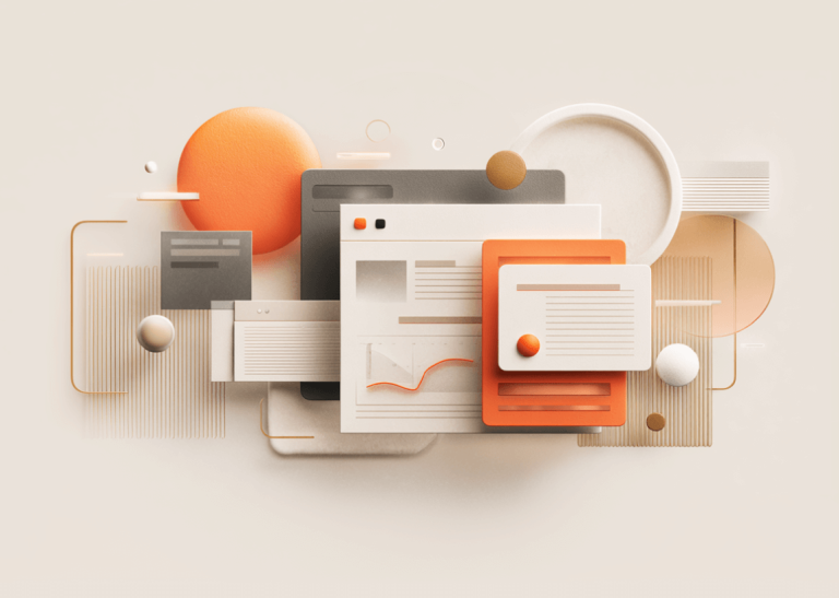 Abstract 3D illustration representing AI-powered content systems, featuring layered interface cards, data visualizations, and geometric shapes symbolizing generative search and digital marketing strategy.