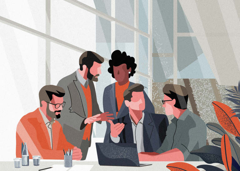 Illustration of a diverse marketing team collaborating around a laptop in a modern office, representing strategic digital PR planning and content marketing teamwork.