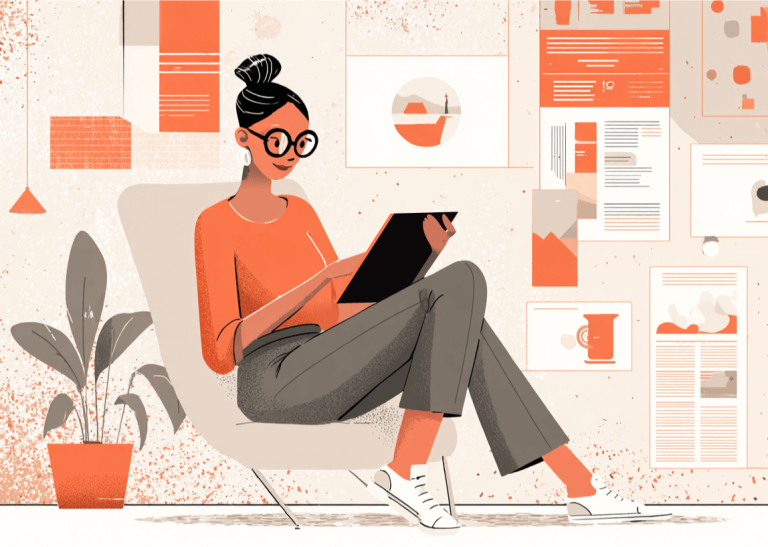 Illustration of a content marketer reviewing digital articles and reports on a tablet, representing content strategy, editorial planning, and content marketing research.