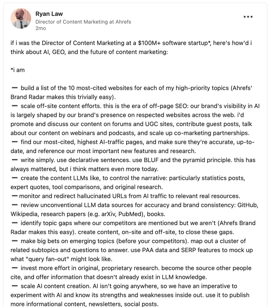 Screenshot of LinkedIn post by Ryan Law outlining strategies for AI search visibility, generative engine optimization (GEO), and adapting SEO content strategy for the AI-driven search era.