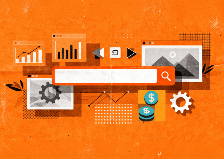 Digital marketing and SEO strategy illustration featuring search bar, analytics dashboards, keyword research icons, performance graphs, gears, and revenue symbols on an orange background.