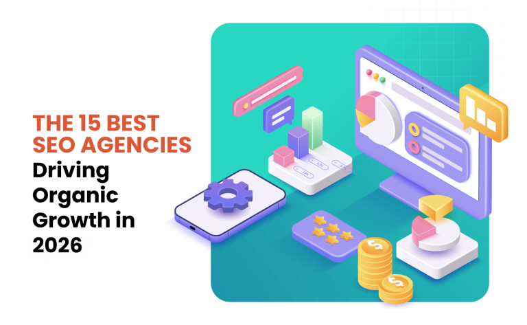 Header graphic for “The 15 Best SEO Agencies Driving Organic Growth in 2026” featuring SEO analytics, charts, and digital marketing performance icons.
