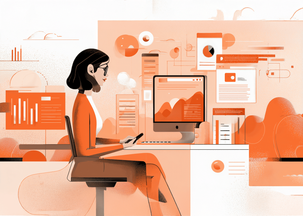 Digital marketing analytics illustration showing a content strategist reviewing SEO performance dashboards, traffic reports, and data visualizations on a desktop computer in a modern workspace.