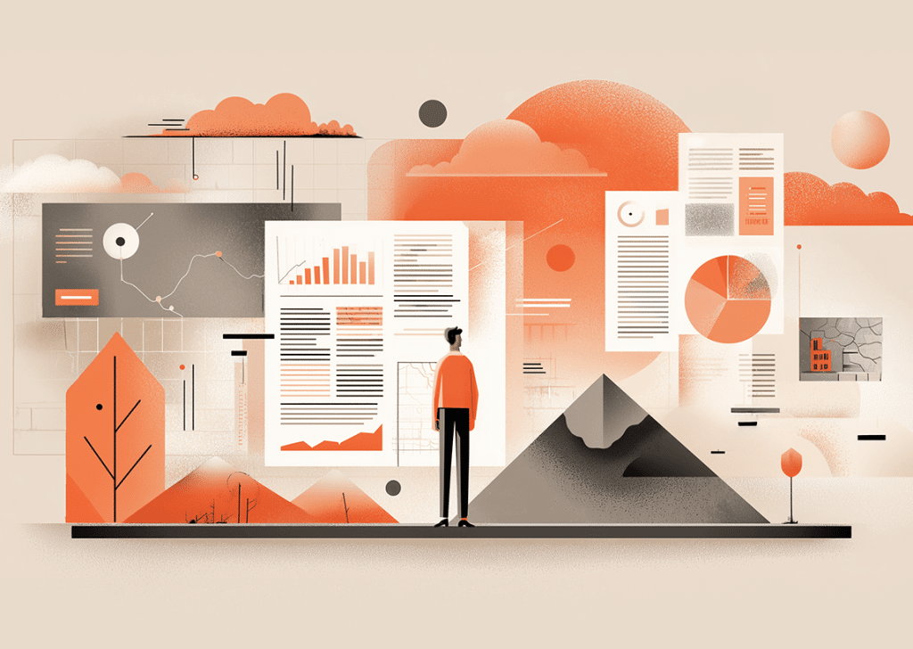 Content strategy and SEO analytics illustration featuring a marketer reviewing performance reports, growth charts, pie graphs, and data dashboards against a modern abstract landscape background.