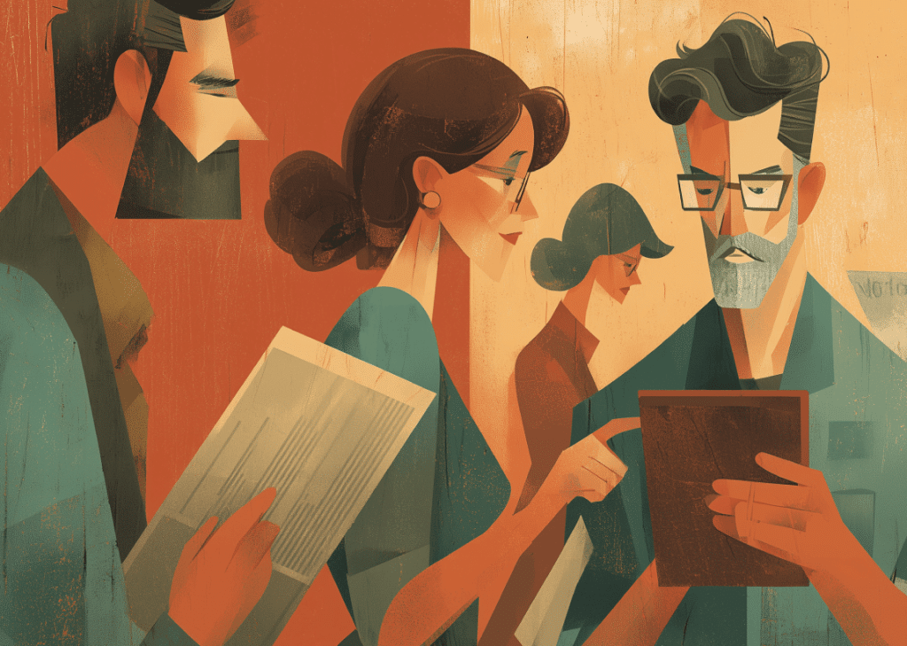 Stylized illustration of journalists and PR professionals reviewing documents and digital reports, representing UK public relations outreach, media pitching strategy, and journalist engagement.