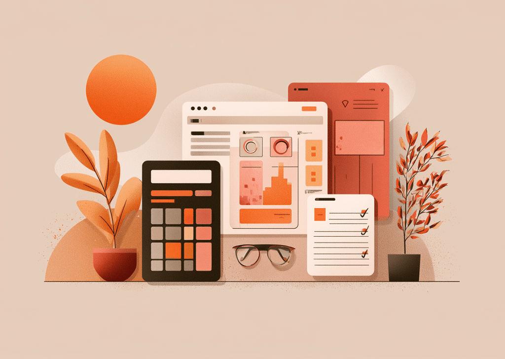 Illustration of a content marketing dashboard with analytics charts, performance reports, checklist, and digital tools, representing SEO strategy, data analysis, and content performance tracking.