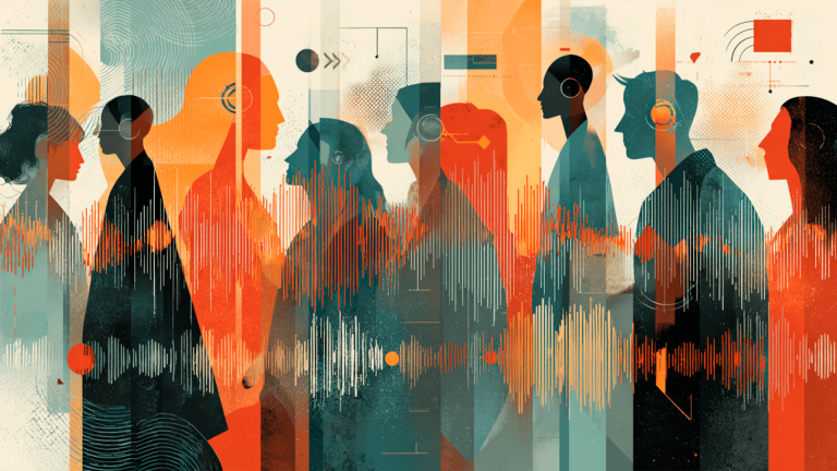 Abstract illustration of diverse audience silhouettes with layered data visualizations and soundwave patterns representing digital media engagement, audience insights, and marketing analytics.
