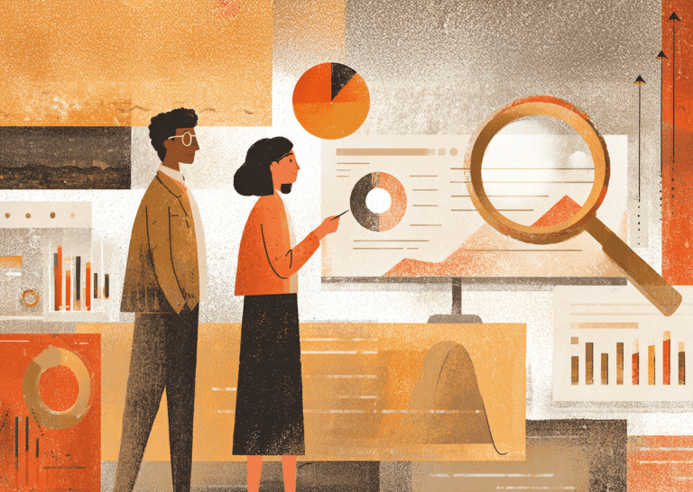 Illustration of two marketing analysts reviewing survey data and performance charts on a large dashboard, including pie charts, graphs, and analytics visuals representing data-driven content strategy and market research insights.