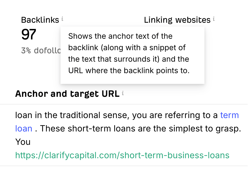 Close-up of anchor text and backlink details within a backlink analysis tool, highlighting how anchor text distribution helps assess link relevance and optimization.