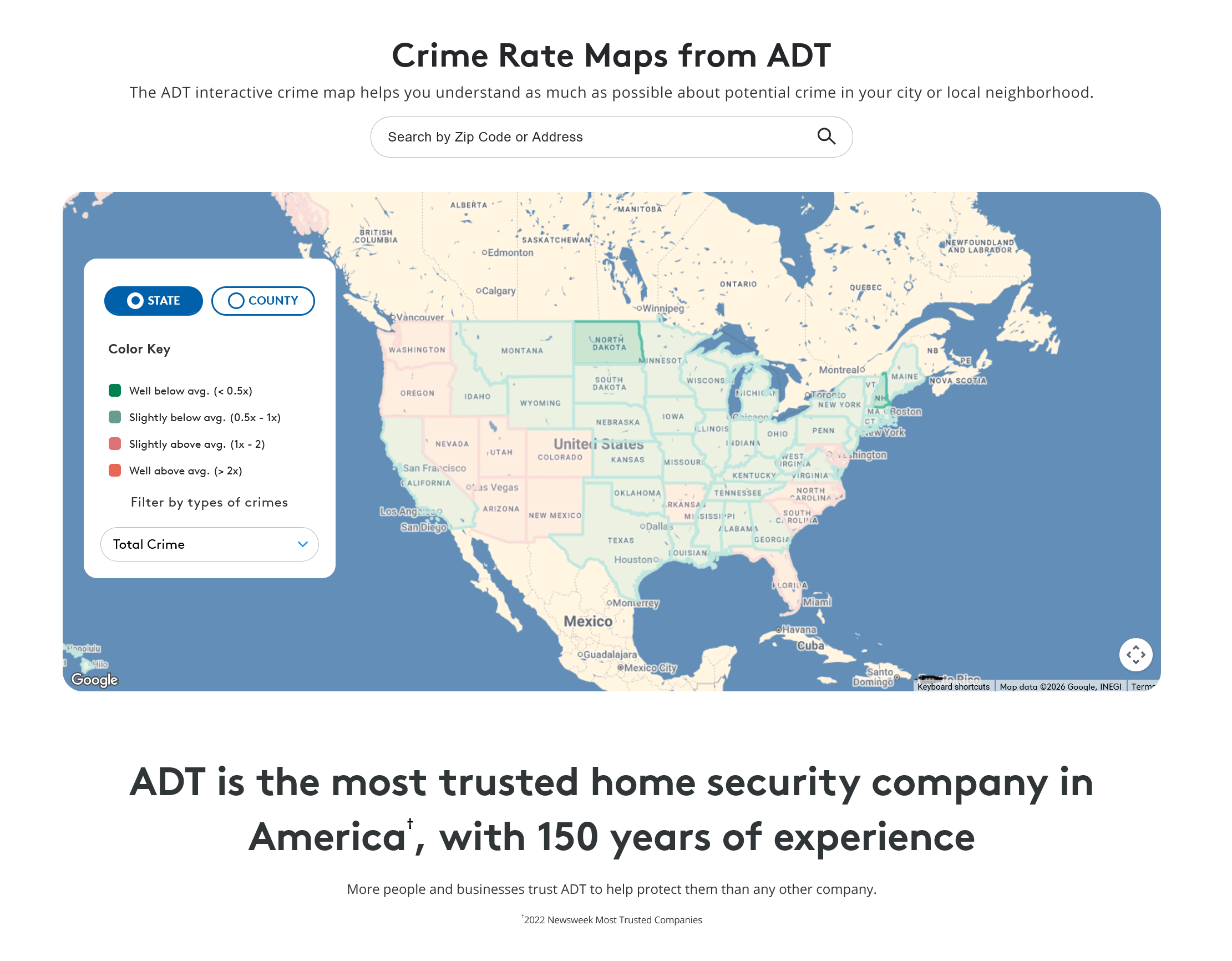 Interactive ADT crime rate map of the United States showing state and county crime statistics, neighborhood safety data, and searchable local crime trends by ZIP code.