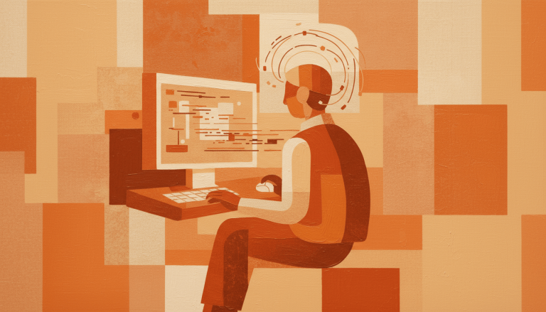 Illustration of a person sitting at a desk working on a computer, shown in a stylized orange color palette with abstract geometric shapes in the background, representing digital work or software development.
