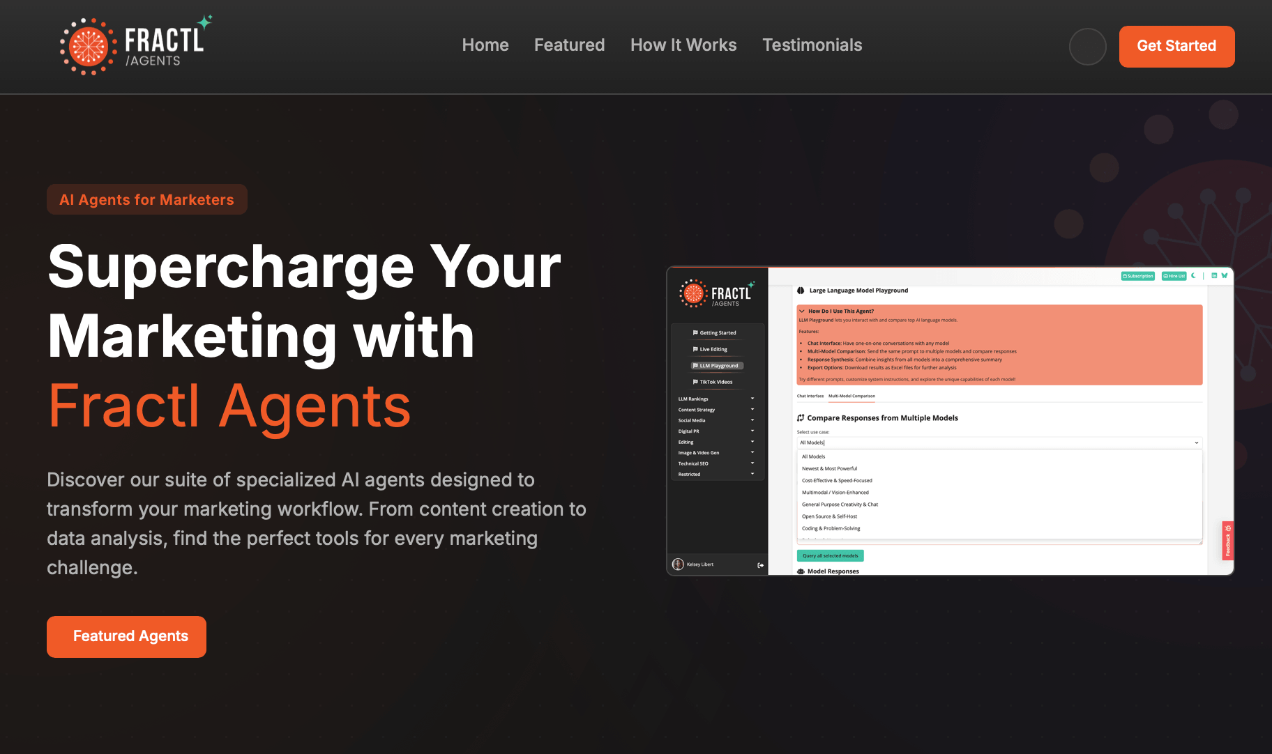 Fractl Agents platform interface showcasing AI-powered tools for marketers, illustrating how modular AI systems and agents support content pipelines, data analysis, and workflow automation.