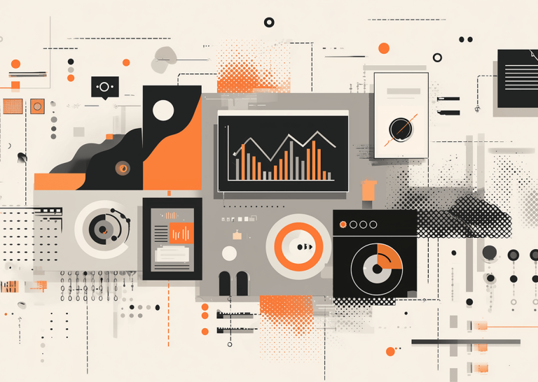 Abstract illustration of dashboards, charts, and connected data panels representing AI-powered marketing automation workflows, analytics pipelines, and multi-channel content generation.
