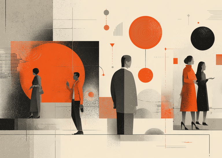 Abstract illustration of people standing among geometric shapes and interconnected visual elements, representing AI systems, information networks, and digital communication.