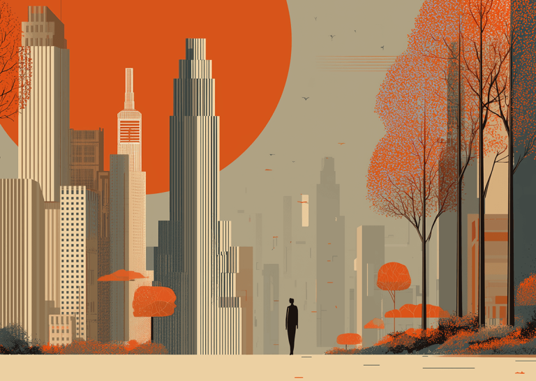 Stylized cityscape illustration with towering skyscrapers, autumn-colored trees, and a lone figure walking through an urban scene, symbolizing the fast-moving, large-scale transformation generative AI is bringing to content and digital visibility.