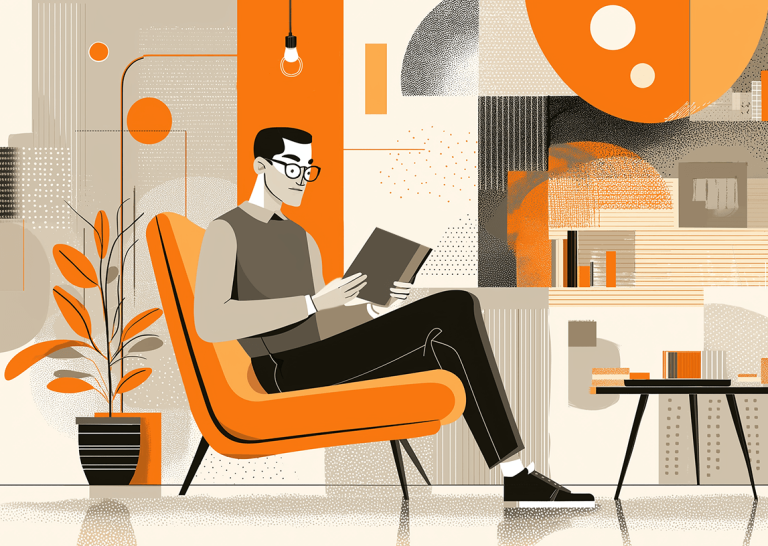 Illustration of a researcher reviewing a document in a modern chair, symbolizing the careful planning, question design, and methodological rigor behind content marketing surveys that earn journalist trust and media coverage.