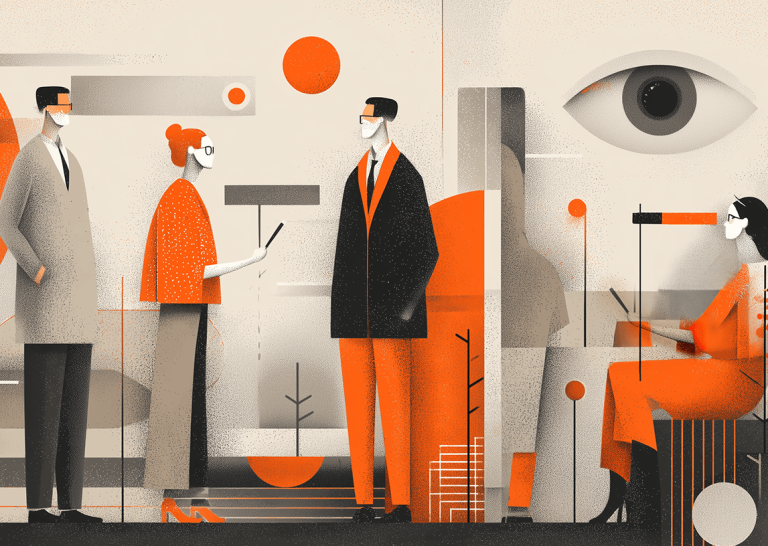 Illustrated scene of professionals exchanging information under a watchful eye, symbolizing structural authority, co-citation patterns, and how AI systems observe and interpret web relationships.