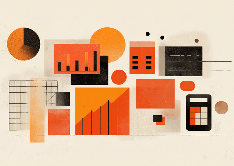 Abstract illustration featuring charts, graphs, and a calculator icon representing interactive tools like calculators and data visualizations used for engaging content and SEO-driven link building.