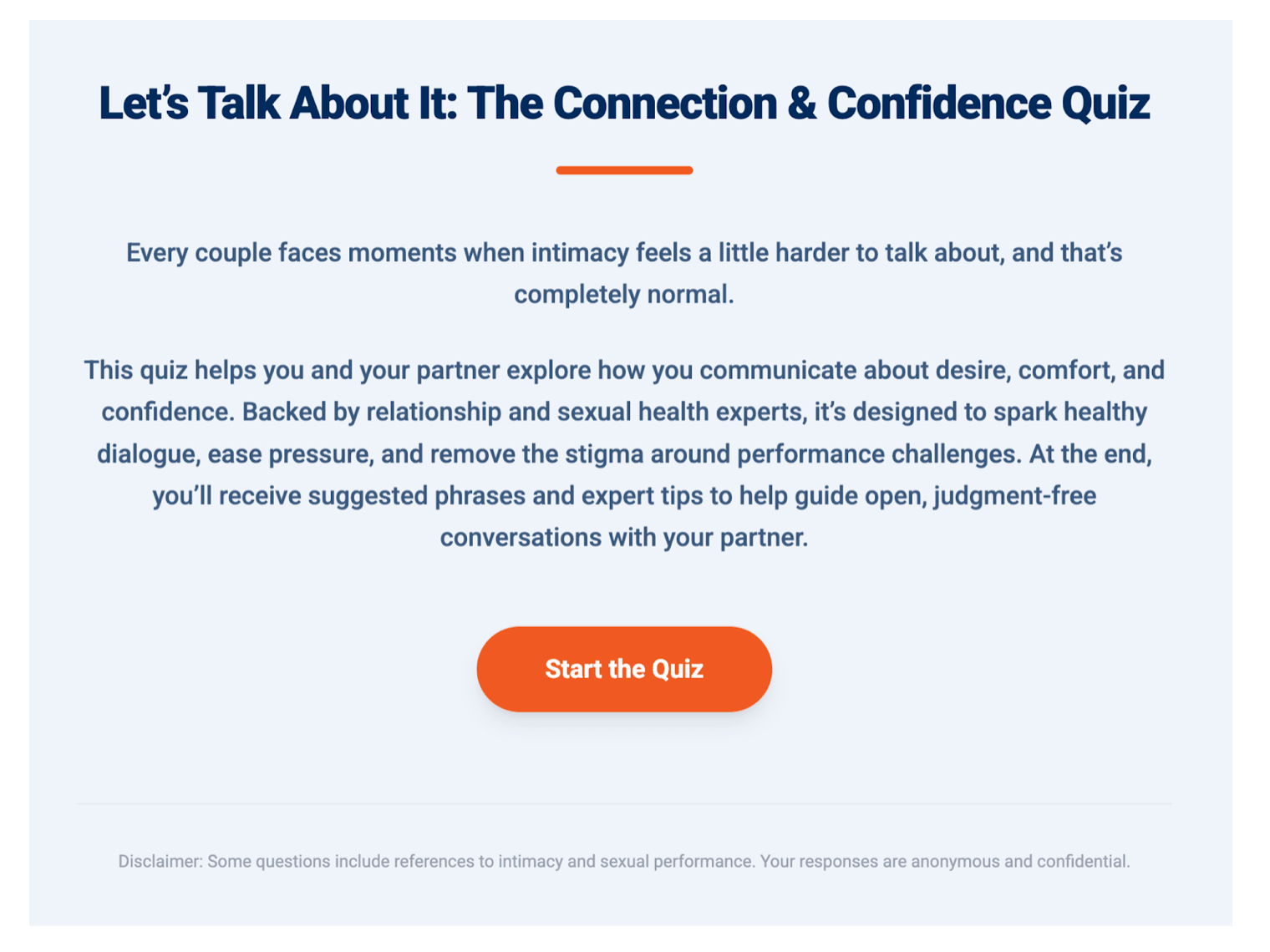 Landing page for “The Connection & Confidence Quiz” encouraging couples to explore communication and intimacy through an interactive quiz.