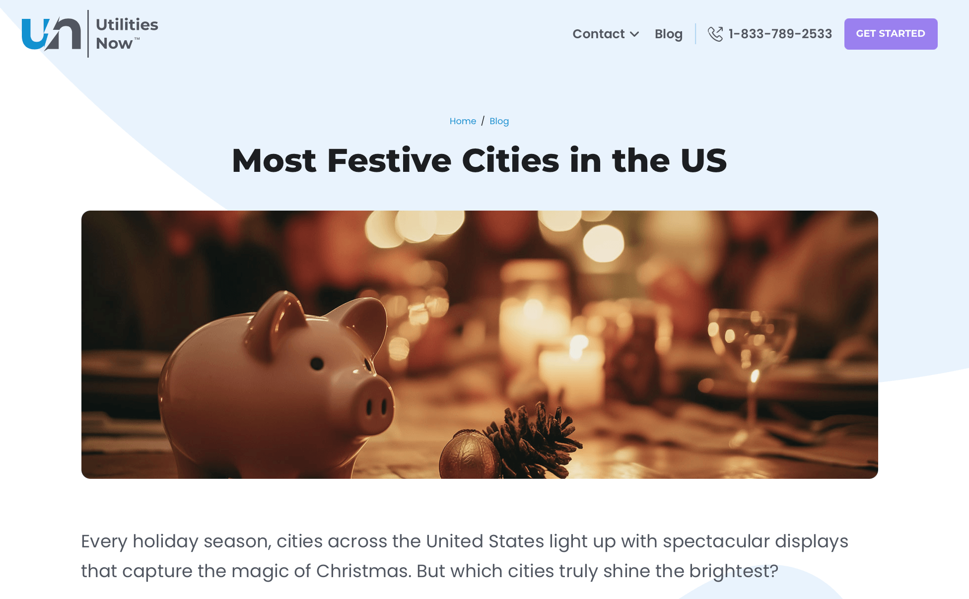 Blog header image with a piggy bank and holiday lights introducing a study titled “Most Festive Cities in the US.”