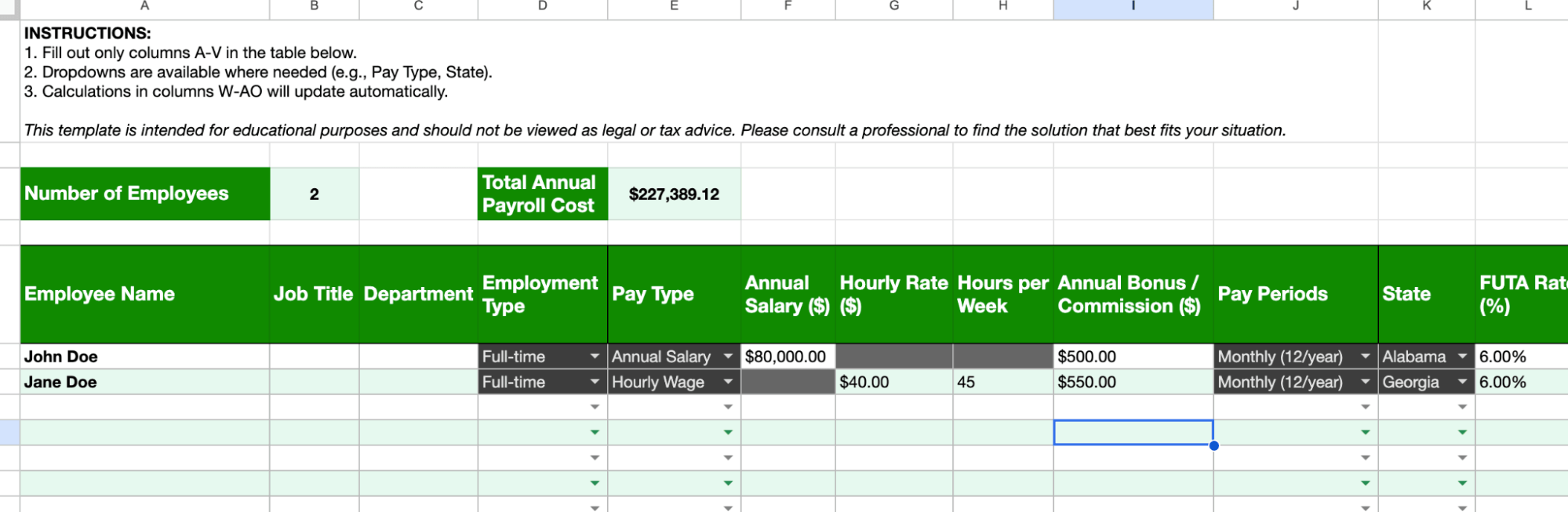 Employee payroll spreadsheet template showing salary, hourly rate, hours per week, bonuses, pay periods, and state tax information.