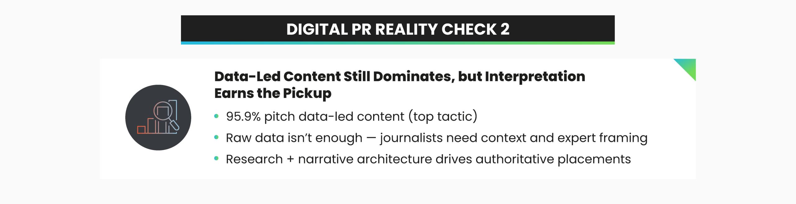 Infographic titled “Digital PR Reality Check 2” explaining that 95.9% of PR professionals pitch data-led content, but successful coverage requires expert interpretation and narrative framing.