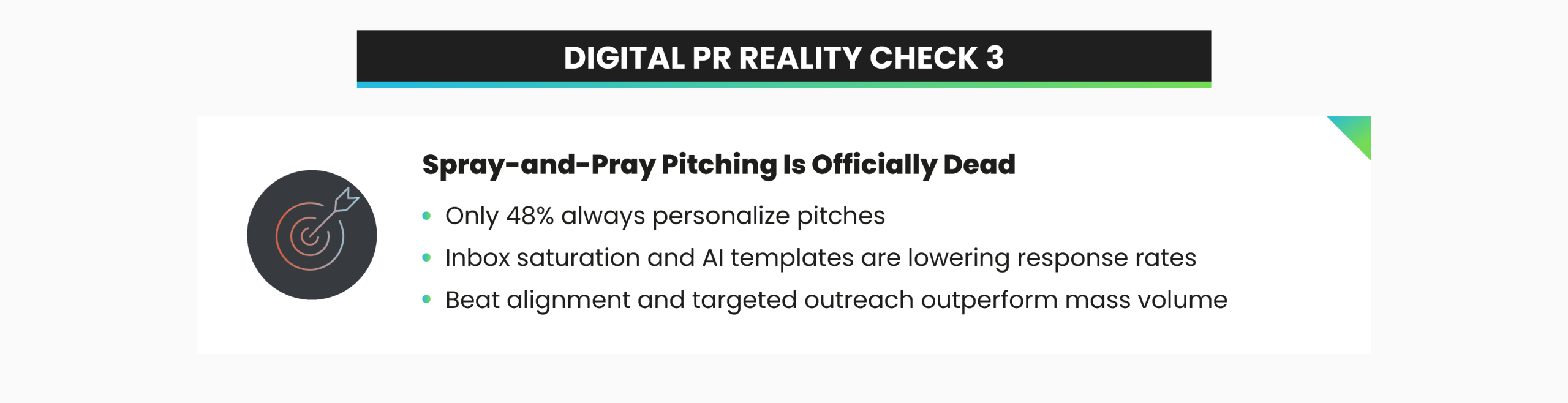 Infographic titled “Digital PR Reality Check 3” highlighting that spray-and-pray pitching is declining as personalized outreach and targeted journalist alignment outperform mass email pitches.