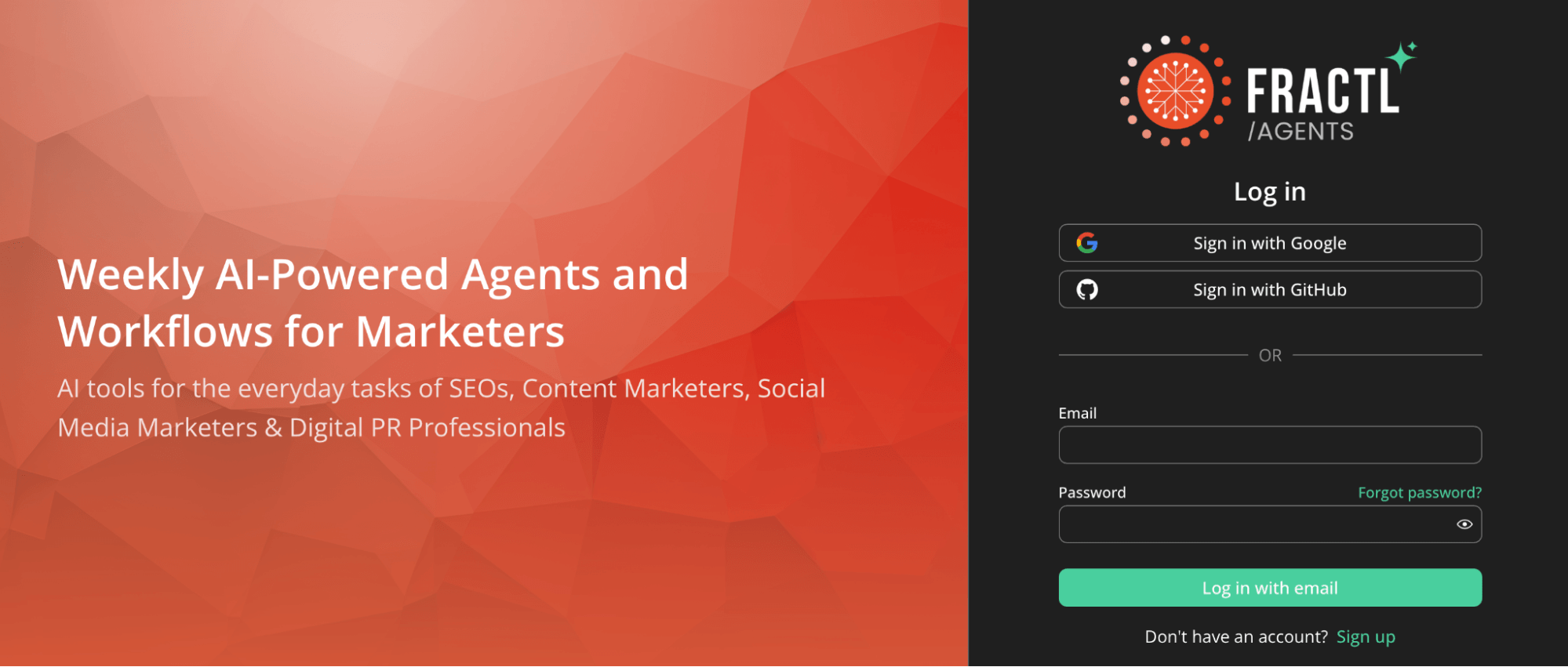 Fractl Agents login screen promoting weekly AI-powered workflows for marketers, featuring Google and GitHub sign-in options alongside email login fields.