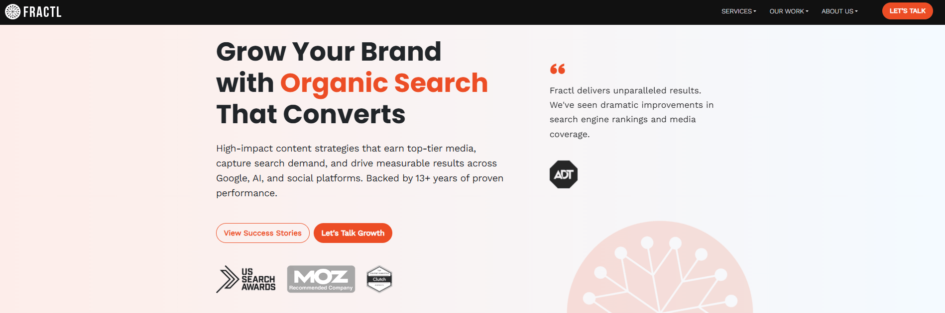 Fractl homepage hero section highlighting organic search growth, SEO-driven content strategies, trust badges (US Search Awards, Moz, Clutch), and call-to-action buttons for growth and case studies.